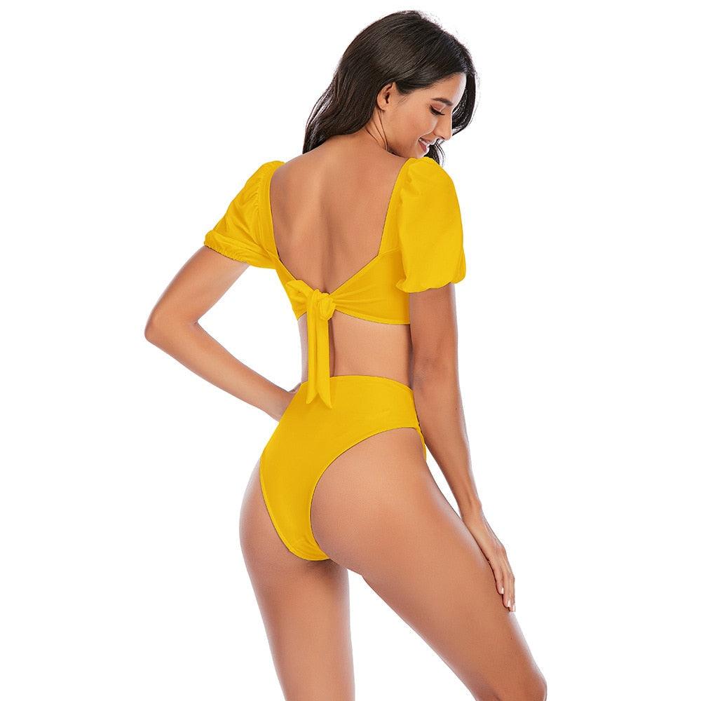 "Sea Duchess – Puff Sleeve Open-Back High-Cut Swimsuit"