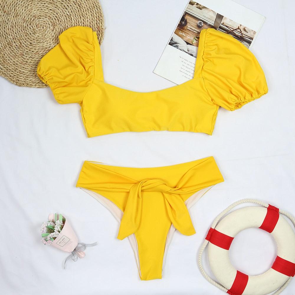 "Sea Duchess – Puff Sleeve Open-Back High-Cut Swimsuit"
