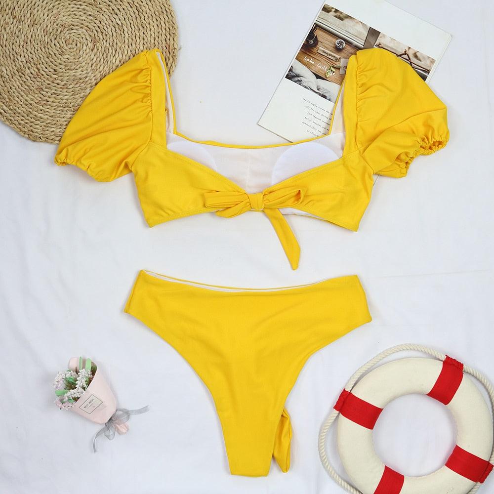 "Sea Duchess – Puff Sleeve Open-Back High-Cut Swimsuit"