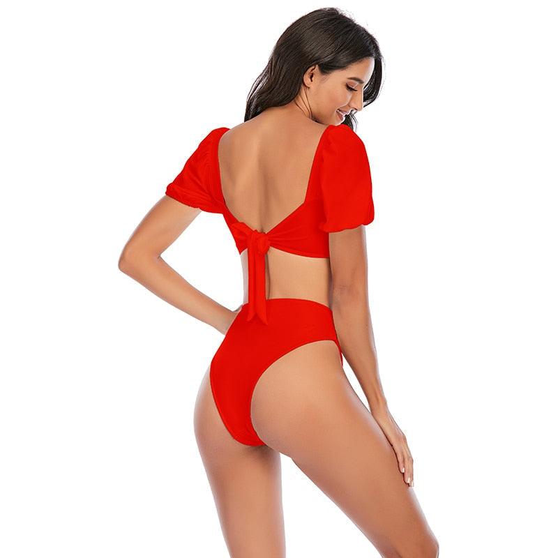 "Sea Duchess – Puff Sleeve Open-Back High-Cut Swimsuit"