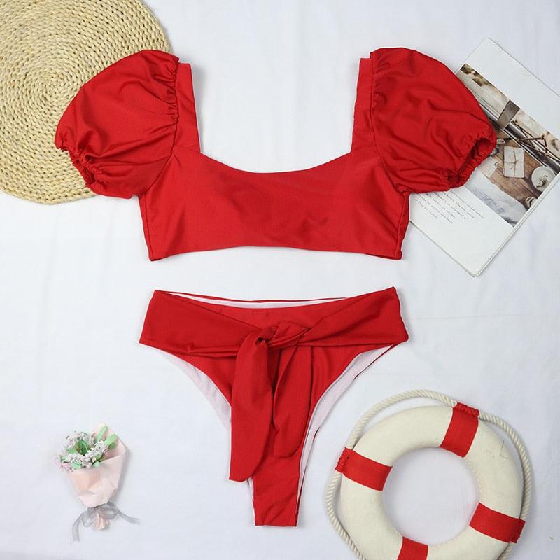 "Sea Duchess – Puff Sleeve Open-Back High-Cut Swimsuit"