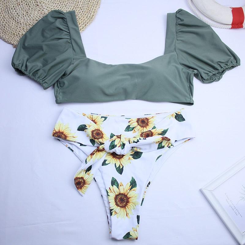 "Sea Duchess – Puff Sleeve Open-Back High-Cut Swimsuit"