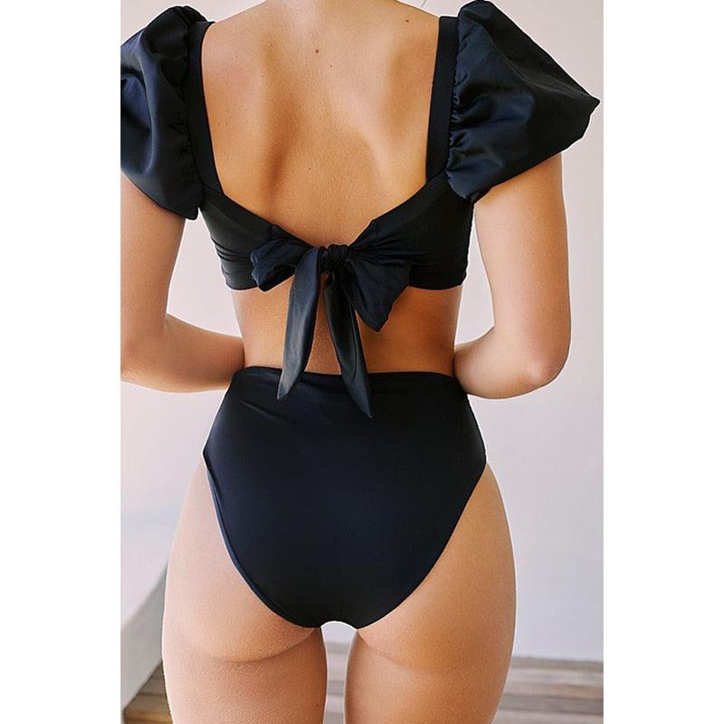 "Sea Duchess – Puff Sleeve Open-Back High-Cut Swimsuit"