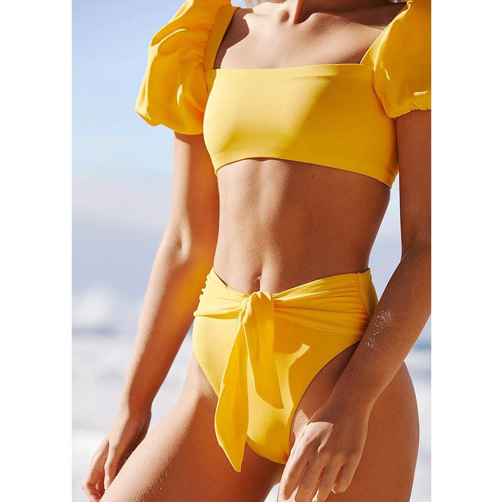 "Sea Duchess – Puff Sleeve Open-Back High-Cut Swimsuit"