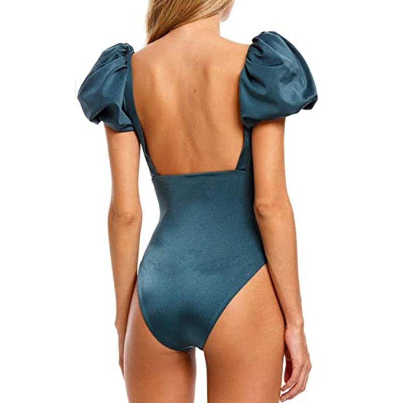 "Sea Duchess – Puff Sleeve Open-Back High-Cut Swimsuit"