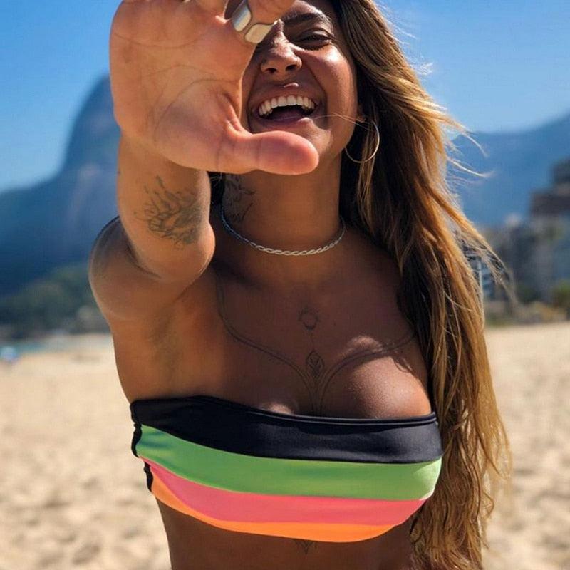 "Siren's Stripe – Colorblock Bandeau Bikini Set"