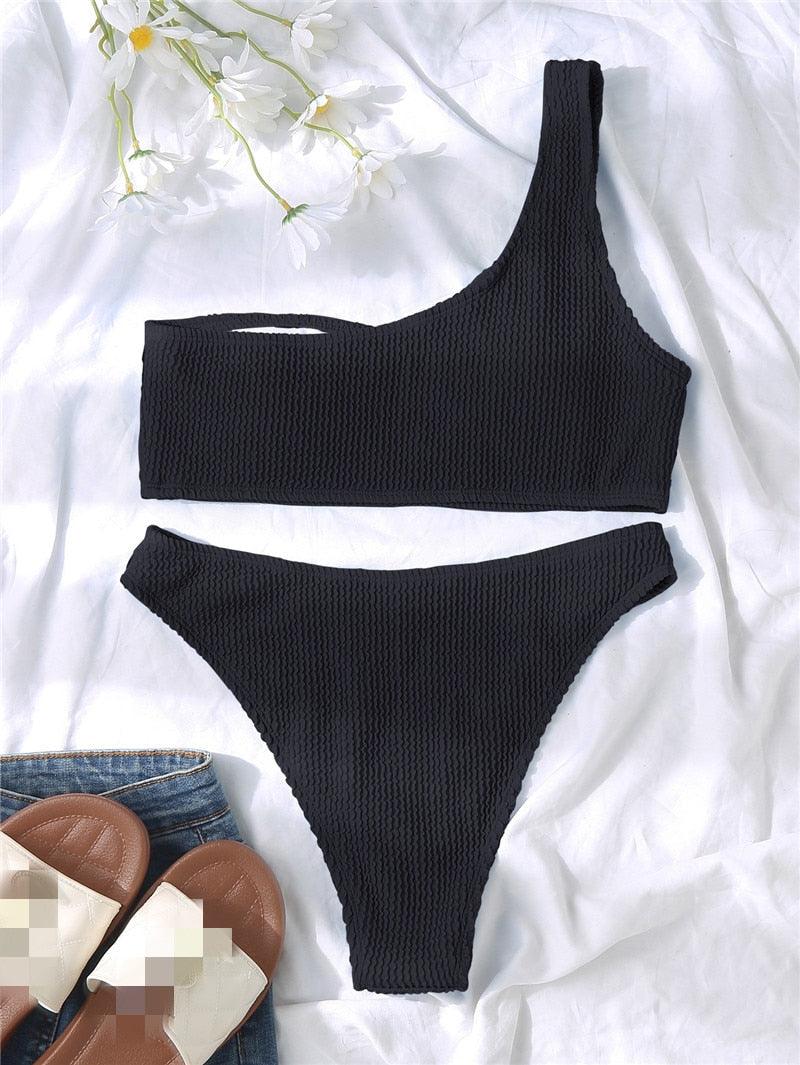 "One Wave – Ribbed One-Shoulder Push-Up Bikini Set"