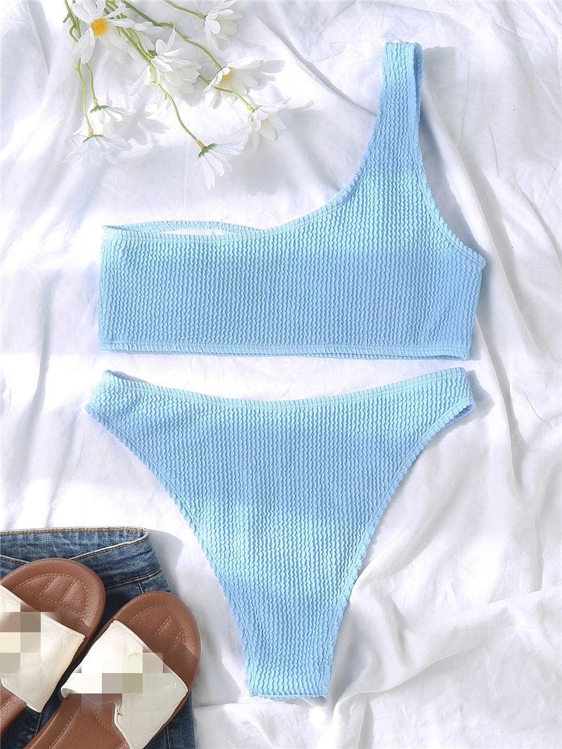 "One Wave – Ribbed One-Shoulder Push-Up Bikini Set"