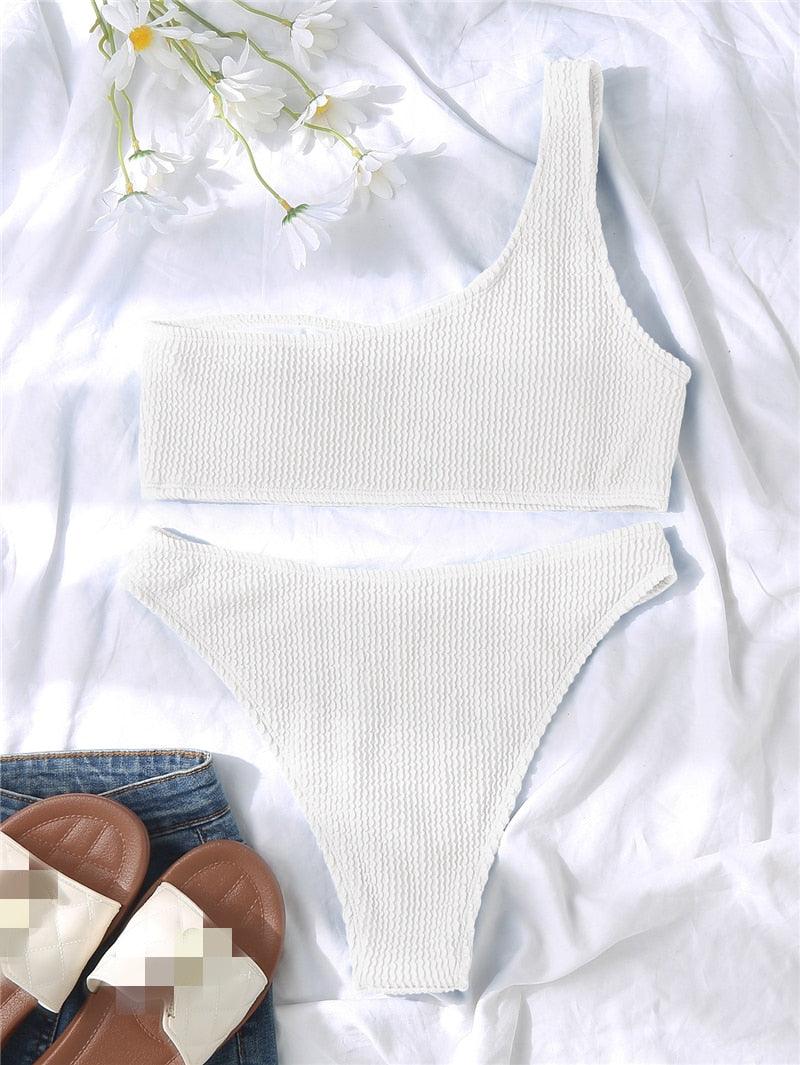 "One Wave – Ribbed One-Shoulder Push-Up Bikini Set"