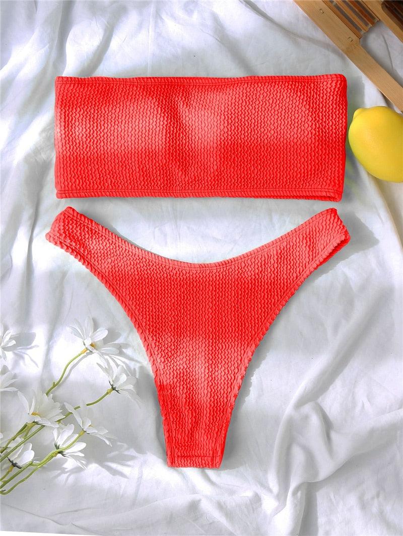 "One Wave – Ribbed One-Shoulder Push-Up Bikini Set"