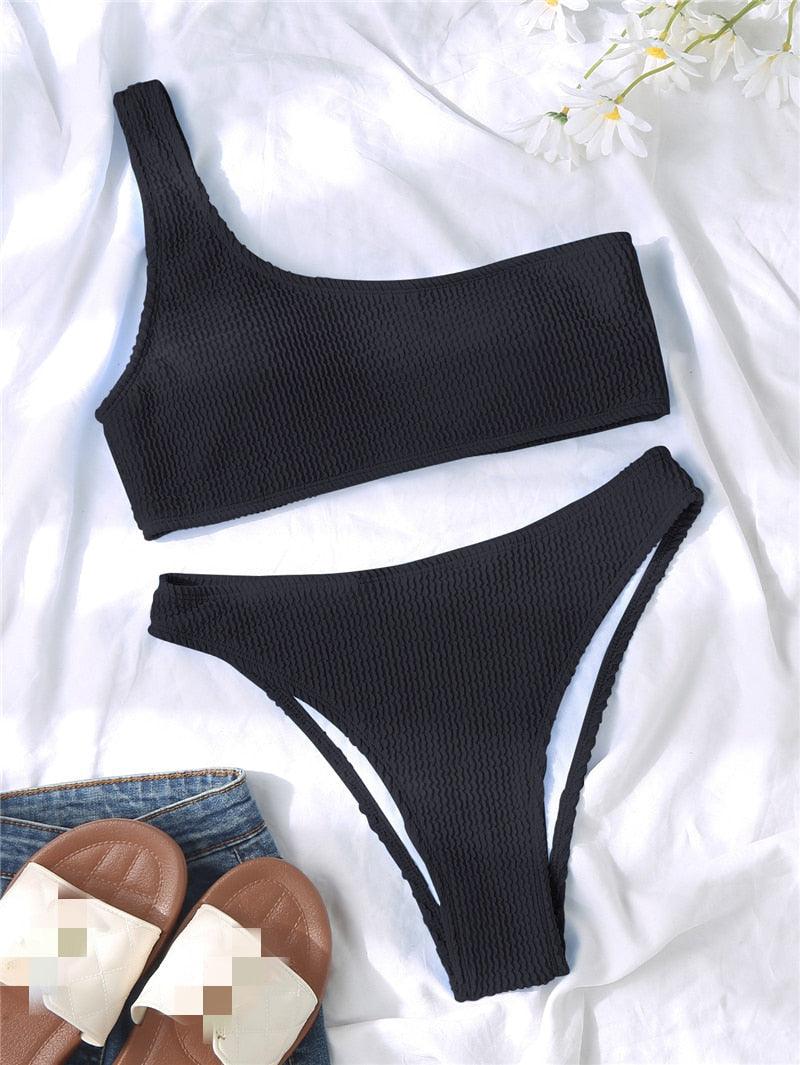 "One Wave – Ribbed One-Shoulder Push-Up Bikini Set"