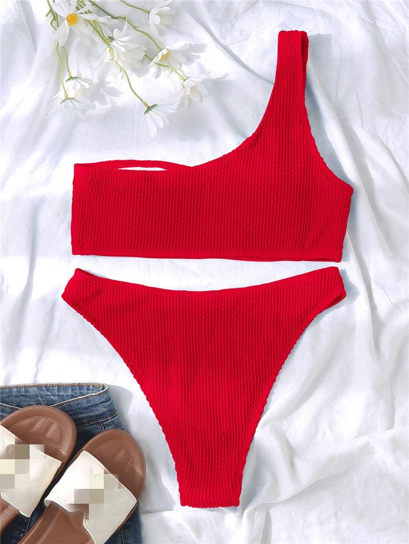 "One Wave – Ribbed One-Shoulder Push-Up Bikini Set"