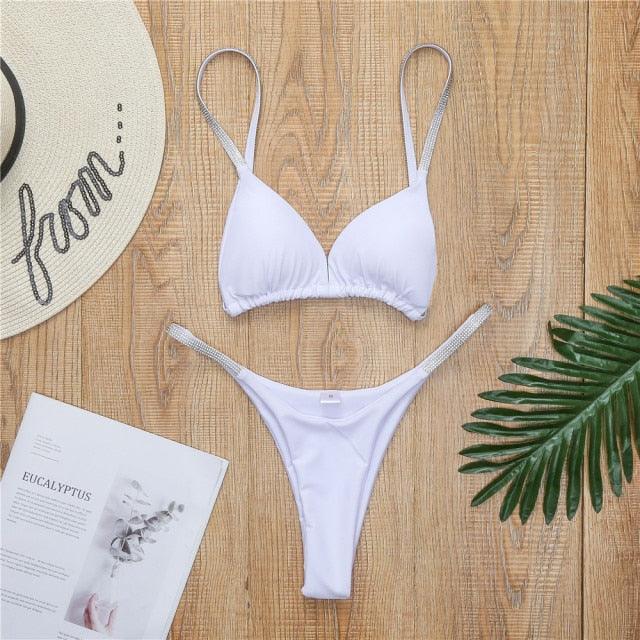"Diamond Shore – Rhinestone Strap Triangle Bikini Set"