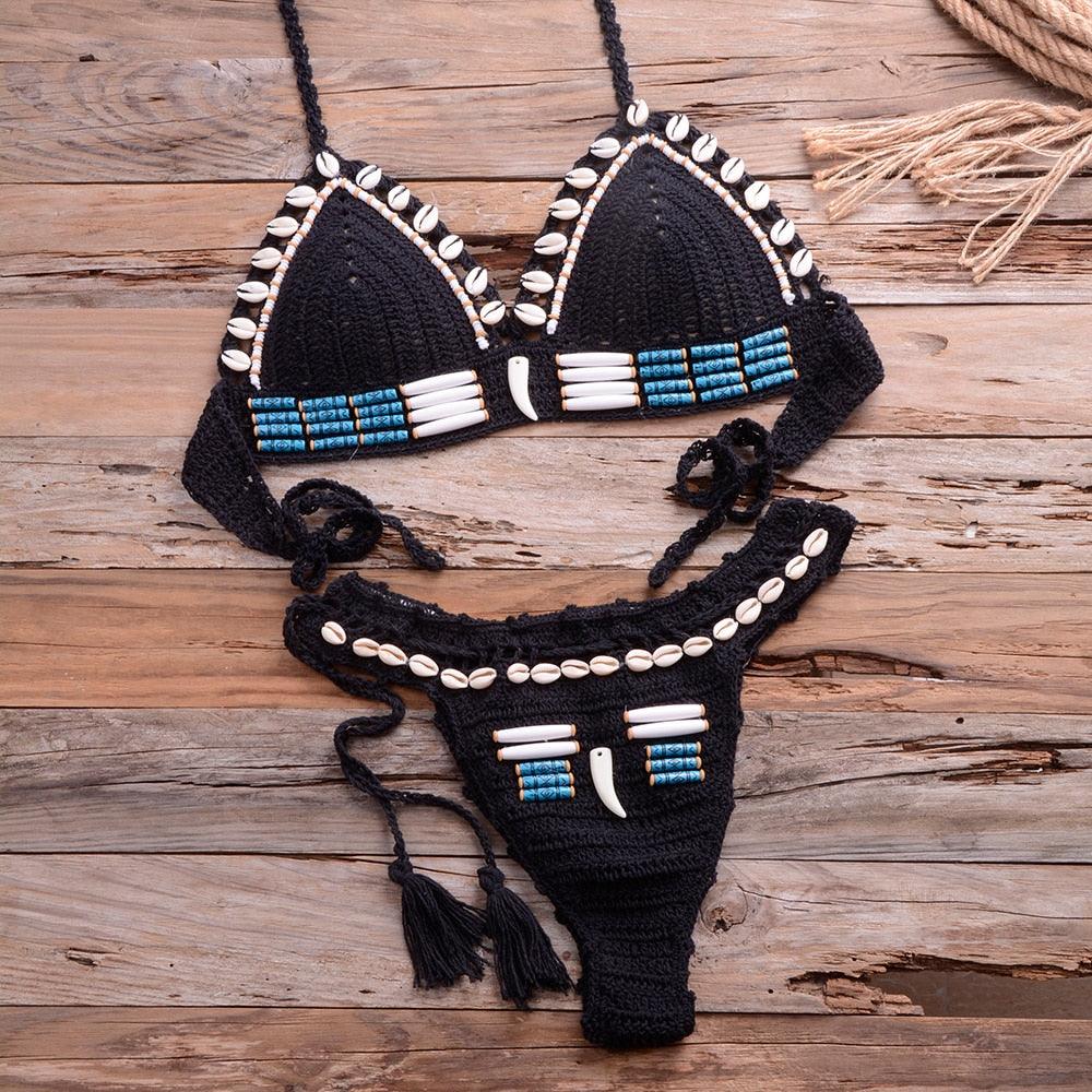 "Sea Witch – Crochet Halter High-Waist Bikini Set"