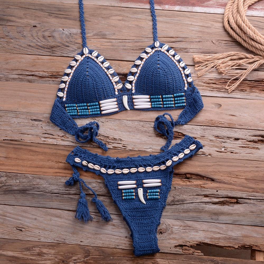 "Sea Witch – Crochet Halter High-Waist Bikini Set"