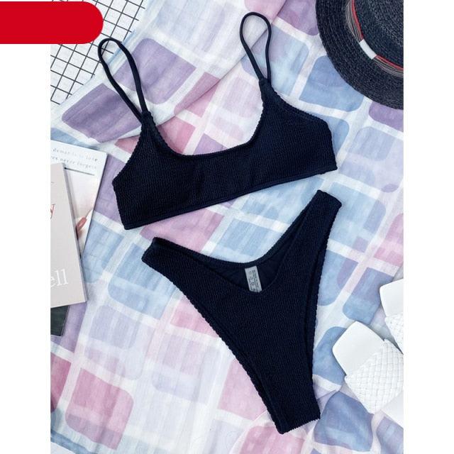 "One Wave – Ribbed One-Shoulder Push-Up Bikini Set"