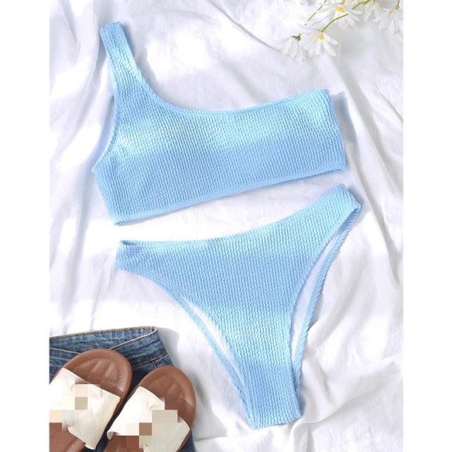 "One Wave – Ribbed One-Shoulder Push-Up Bikini Set"