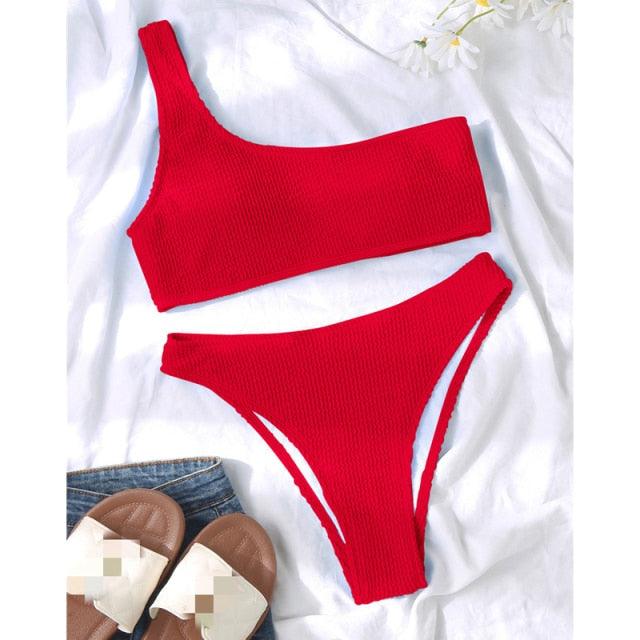 "One Wave – Ribbed One-Shoulder Push-Up Bikini Set"