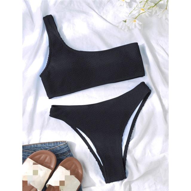"One Wave – Ribbed One-Shoulder Push-Up Bikini Set"