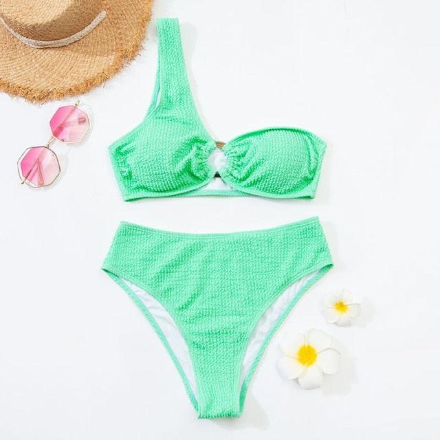 "One Wave – Ribbed One-Shoulder Push-Up Bikini Set"