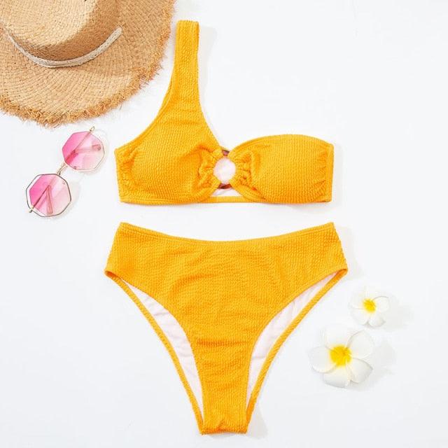 "One Wave – Ribbed One-Shoulder Push-Up Bikini Set"