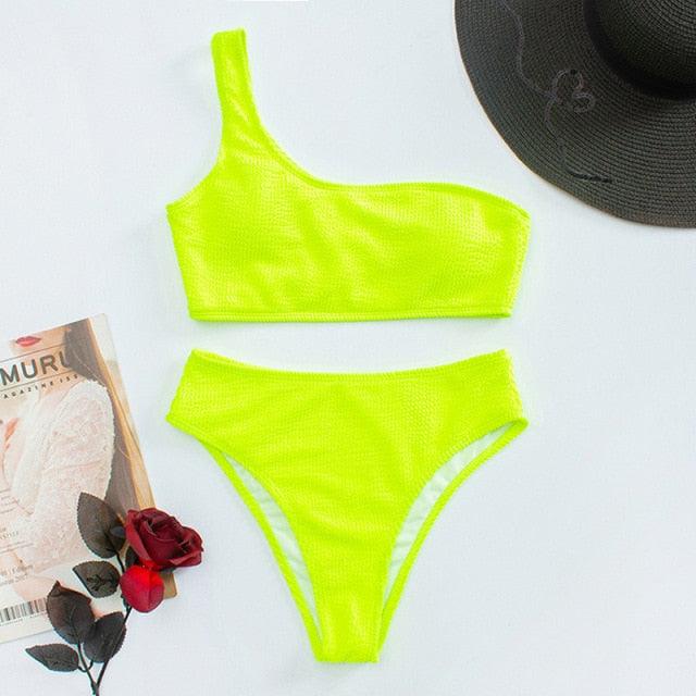 "One Wave – Ribbed One-Shoulder Push-Up Bikini Set"