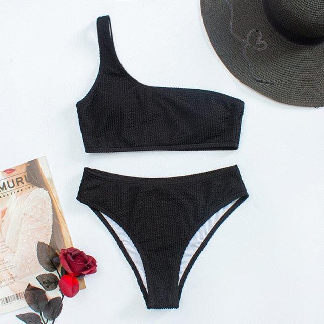 "One Wave – Ribbed One-Shoulder Push-Up Bikini Set"