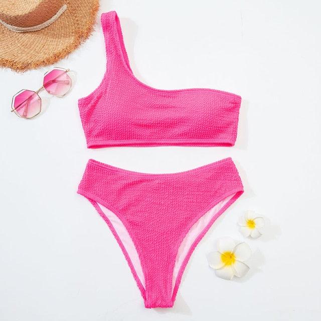 "One Wave – Ribbed One-Shoulder Push-Up Bikini Set"