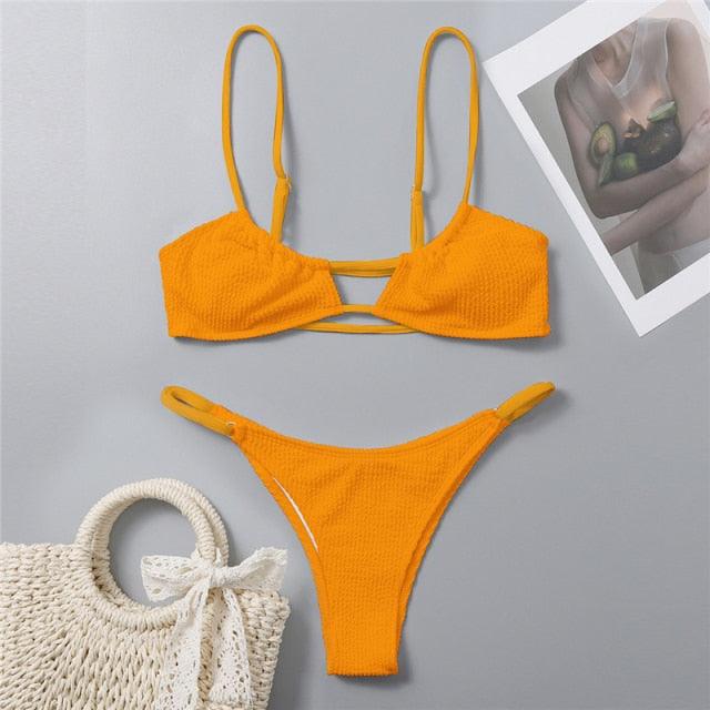 "One Wave – Ribbed One-Shoulder Push-Up Bikini Set"