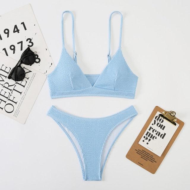 "One Wave – Ribbed One-Shoulder Push-Up Bikini Set"