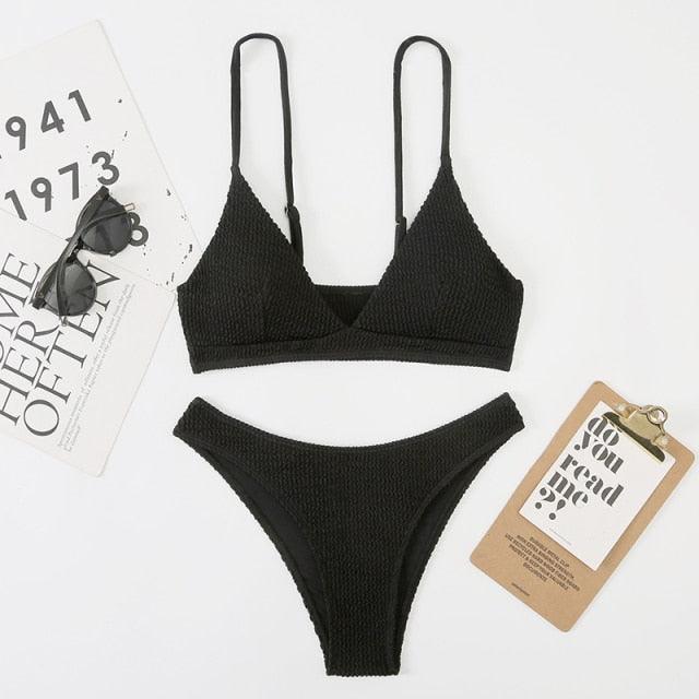"One Wave – Ribbed One-Shoulder Push-Up Bikini Set"