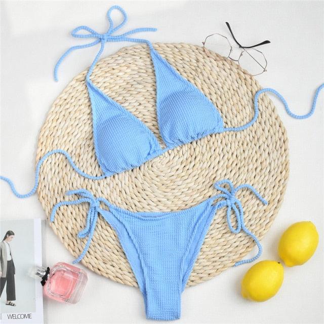 "One Wave – Ribbed One-Shoulder Push-Up Bikini Set"