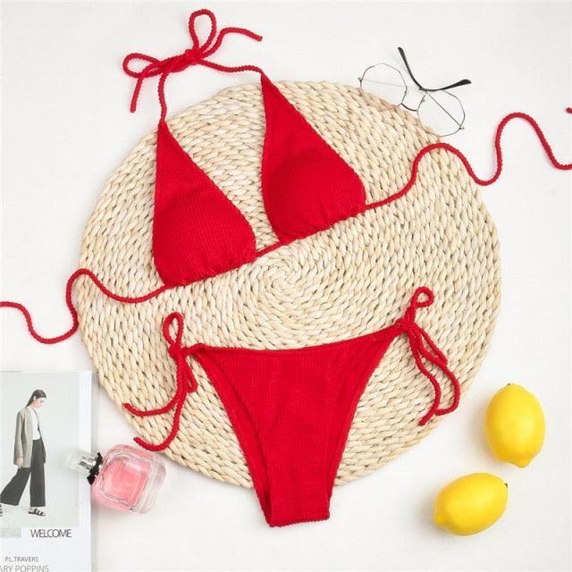 "One Wave – Ribbed One-Shoulder Push-Up Bikini Set"