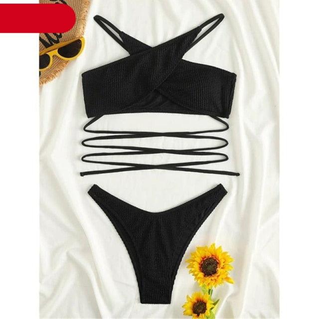 "One Wave – Ribbed One-Shoulder Push-Up Bikini Set"