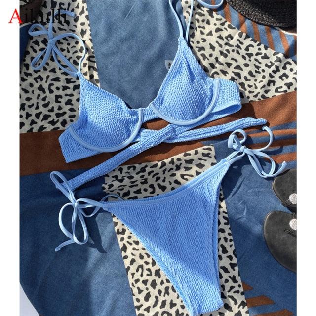 "One Wave – Ribbed One-Shoulder Push-Up Bikini Set"