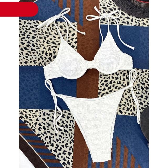 "One Wave – Ribbed One-Shoulder Push-Up Bikini Set"