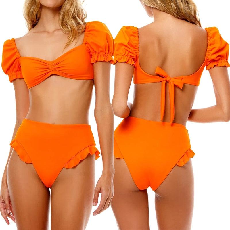 "Sea Duchess – Puff Sleeve Open-Back High-Cut Swimsuit"