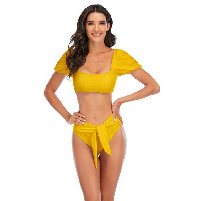 "Sea Duchess – Puff Sleeve Open-Back High-Cut Swimsuit"