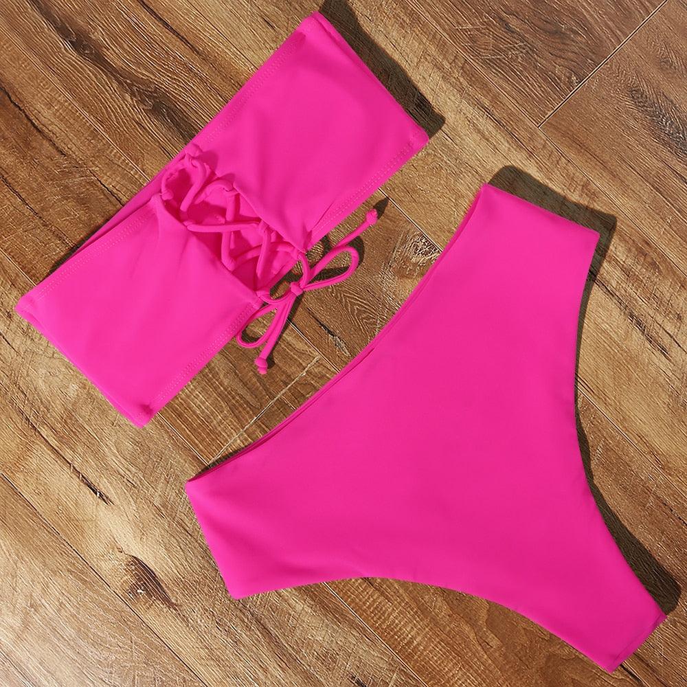 "Tidal Bandeau – Lace-Up High-Waist Bikini Set"