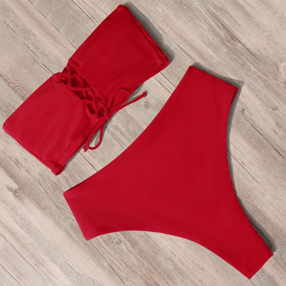 "Tidal Bandeau – Lace-Up High-Waist Bikini Set"
