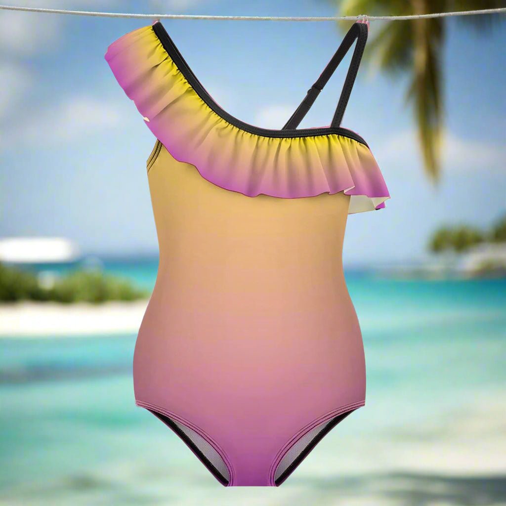 Girls Ombré Ruffled One-Shoulder 🩱 One Piece Swimsuit 