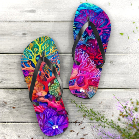 Beach Ready Flip-Flops With Vibrant Coral Reef Art.