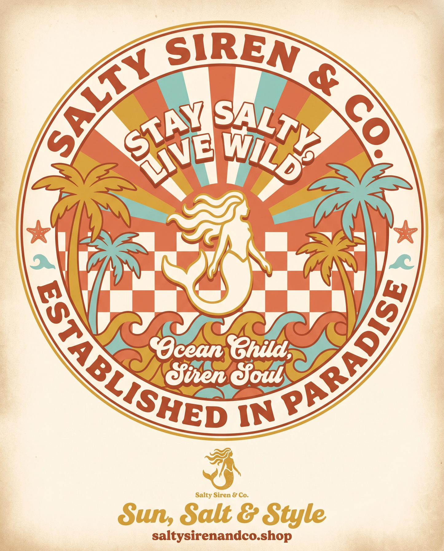Stay Salty Live Wild retro checkerboard mermaid badge graphic tee by Salty Siren & Co