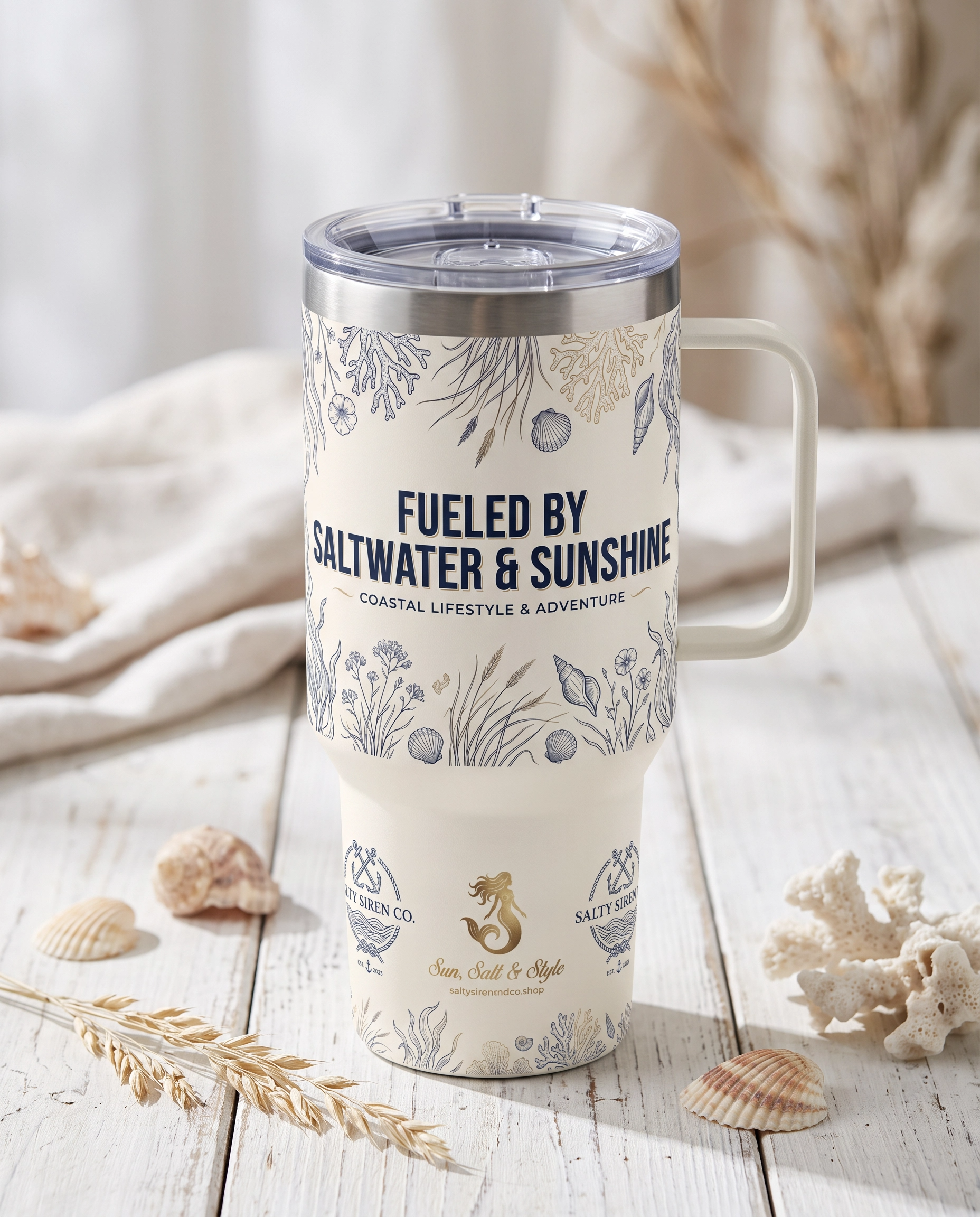 Stay Salty, Live Wild retro boho beach siren tumbler mockup