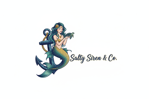 Salty Siren & Co Logo - Mermaid on Anchor with Sea Turtle