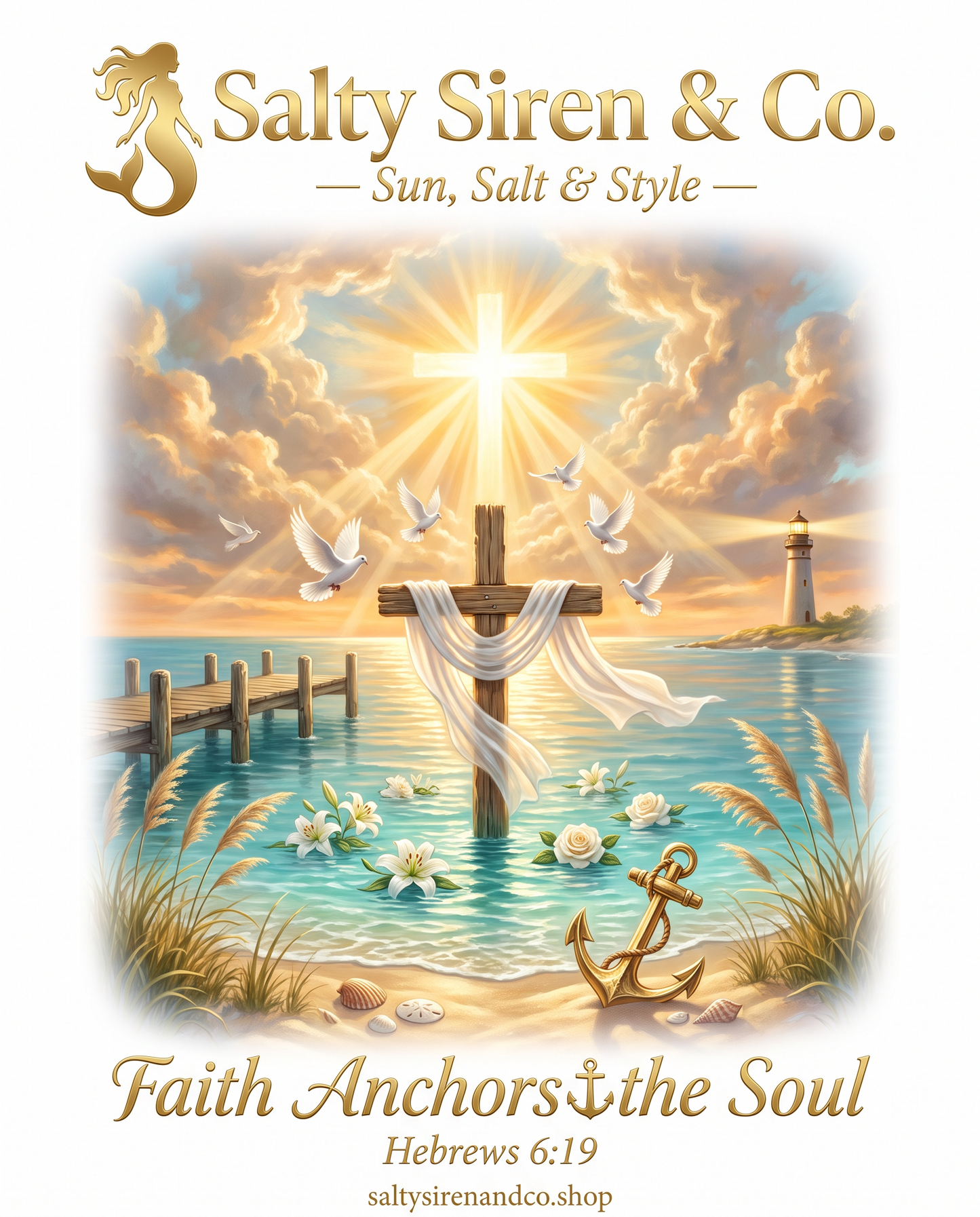 Faith Anchors the Soul coastal cross with doves and anchor graphic tee by Salty Siren & Co