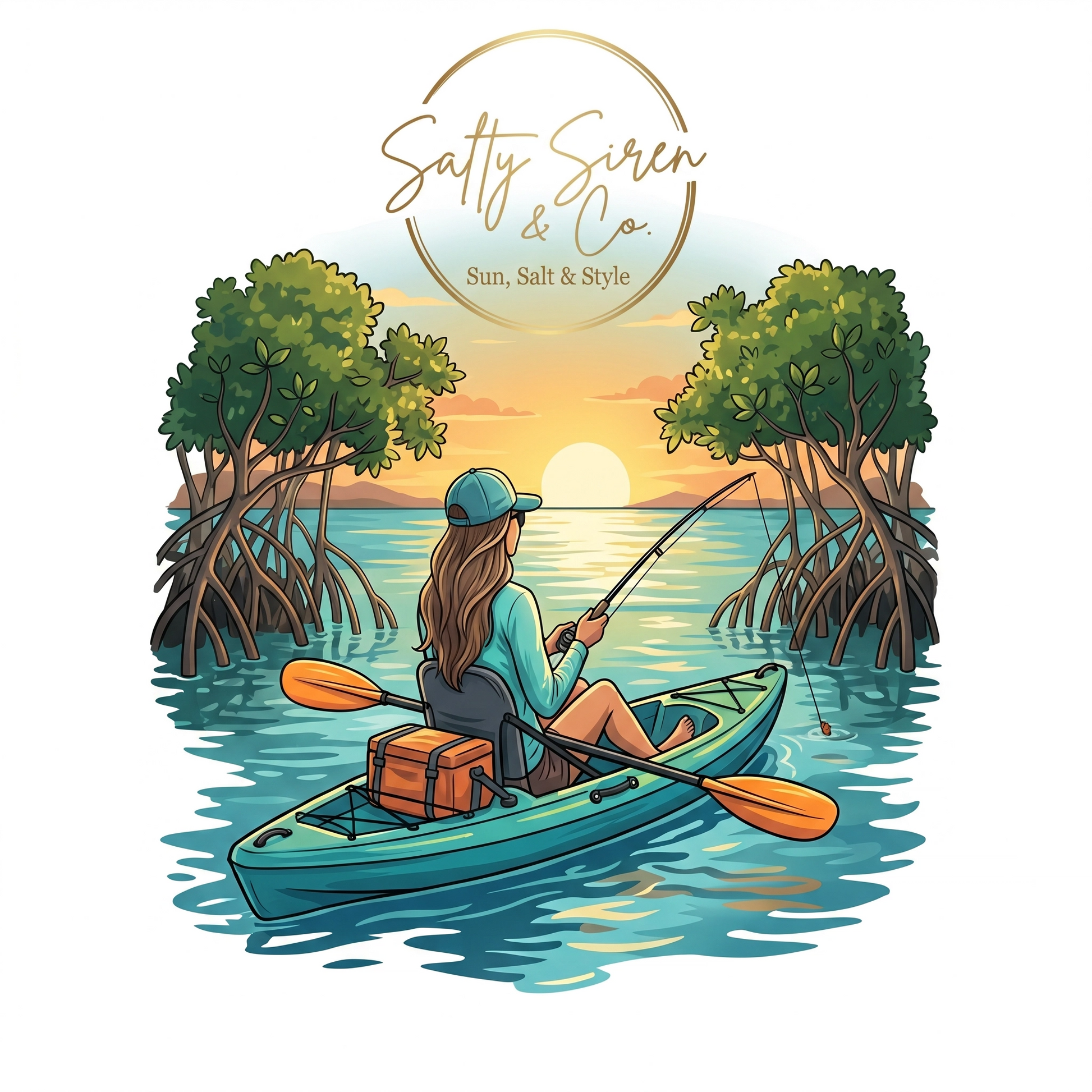 Kayak fishing at sunset through mangroves graphic tee by Salty Siren & Co