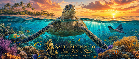 Sea Turtle at Sunset with Coral Reef