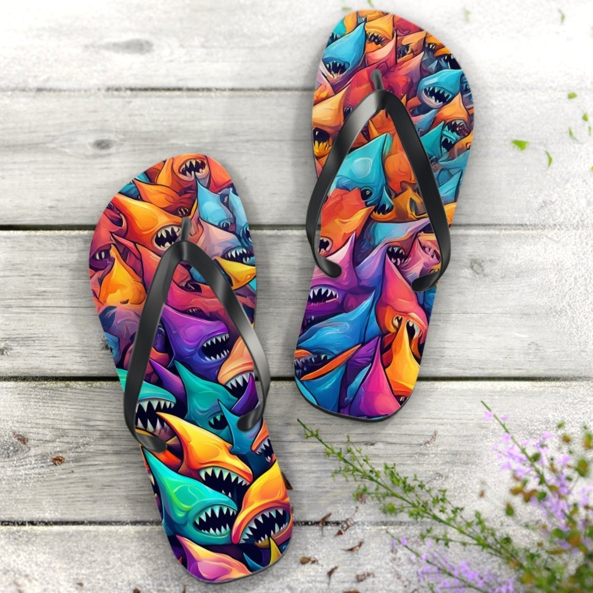 Shark Land 🦈. Surreal Shark Pattern Flip Flops
