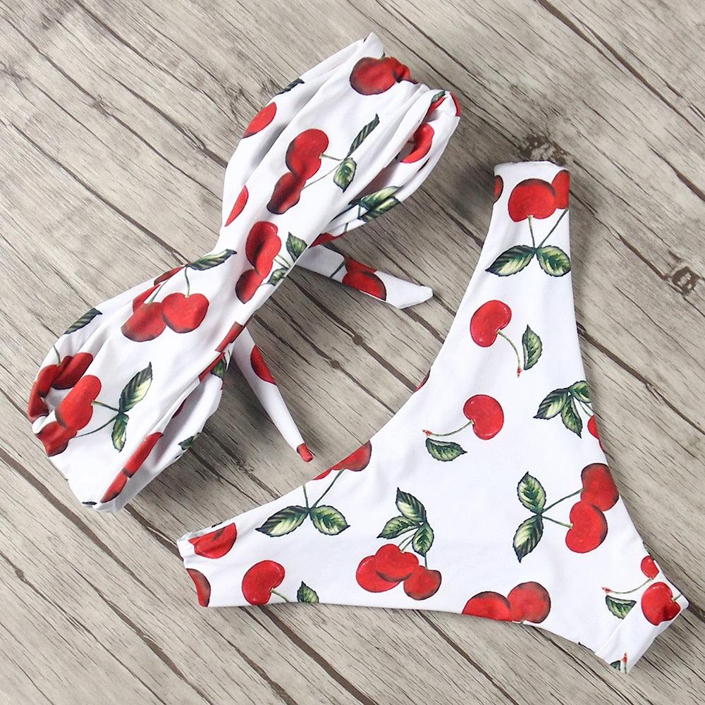 "Turtle Leaf – Print High-Waist Bandeau Bikini Set"